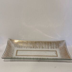 Vintage Mid-Century Rectangular Glass Tray with Gold Lines Motif